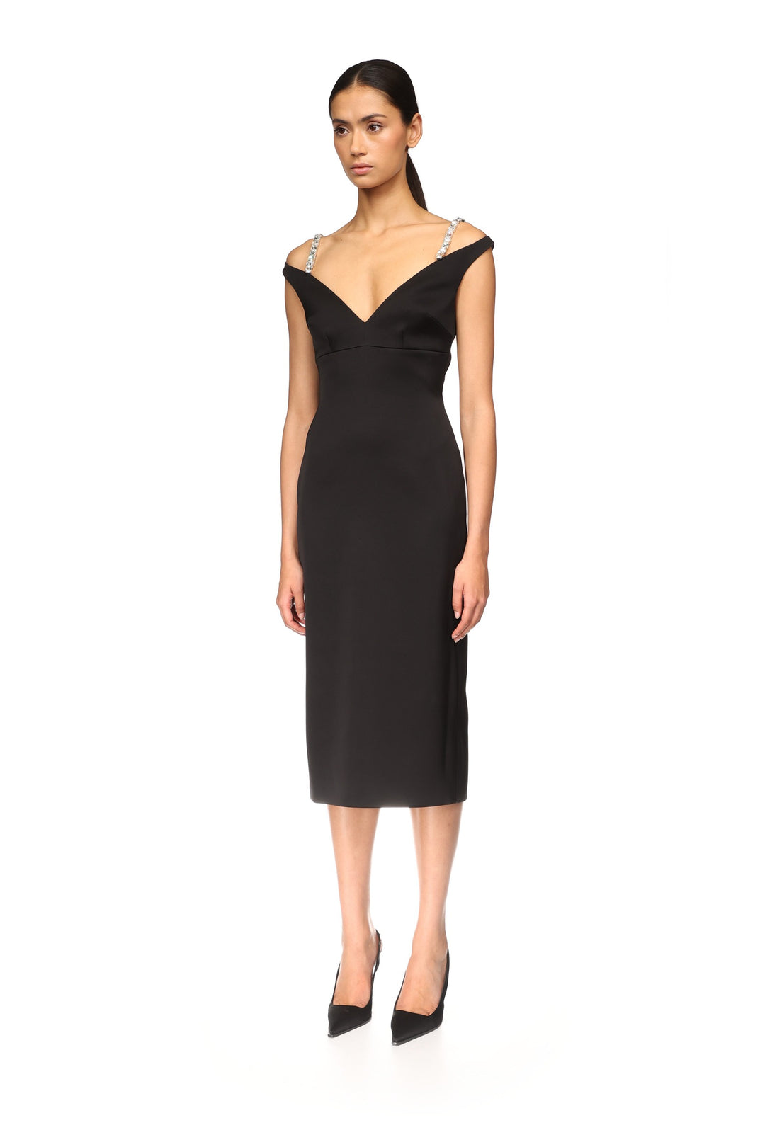 CRYSTAL STRAP DETAIL MIDI DRESS