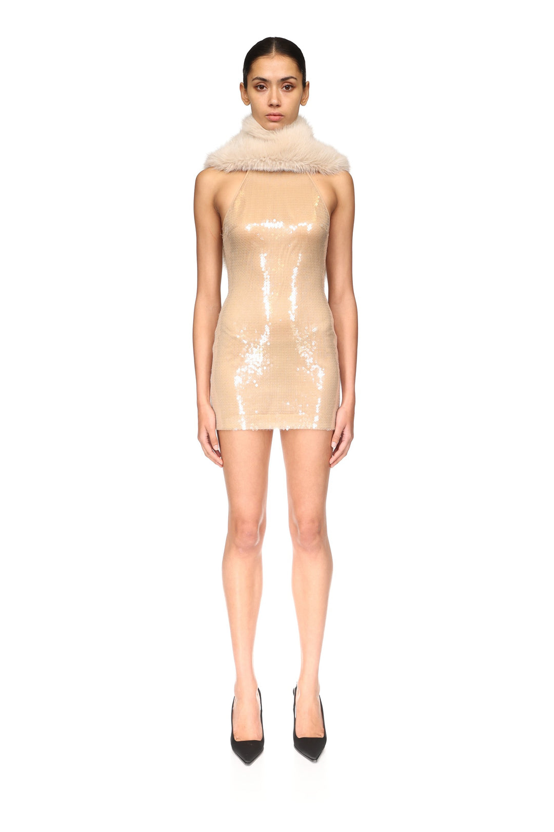 FAUX-FUR SHAWL DETAIL MINI DRESS