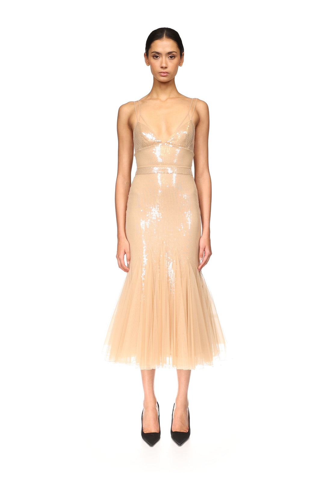 SEQUIN AND TULLE CAMI MIDI DRESS