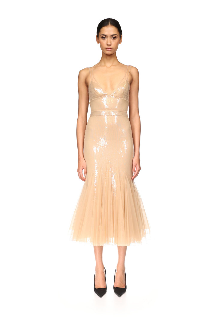 SEQUIN AND TULLE CAMI MIDI DRESS