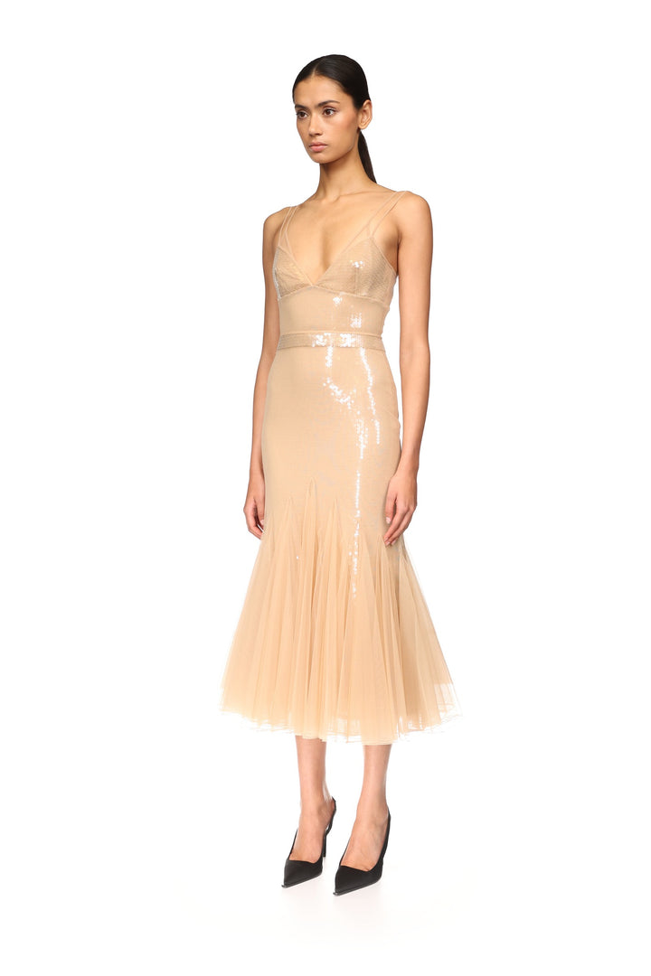 SEQUIN AND TULLE CAMI MIDI DRESS
