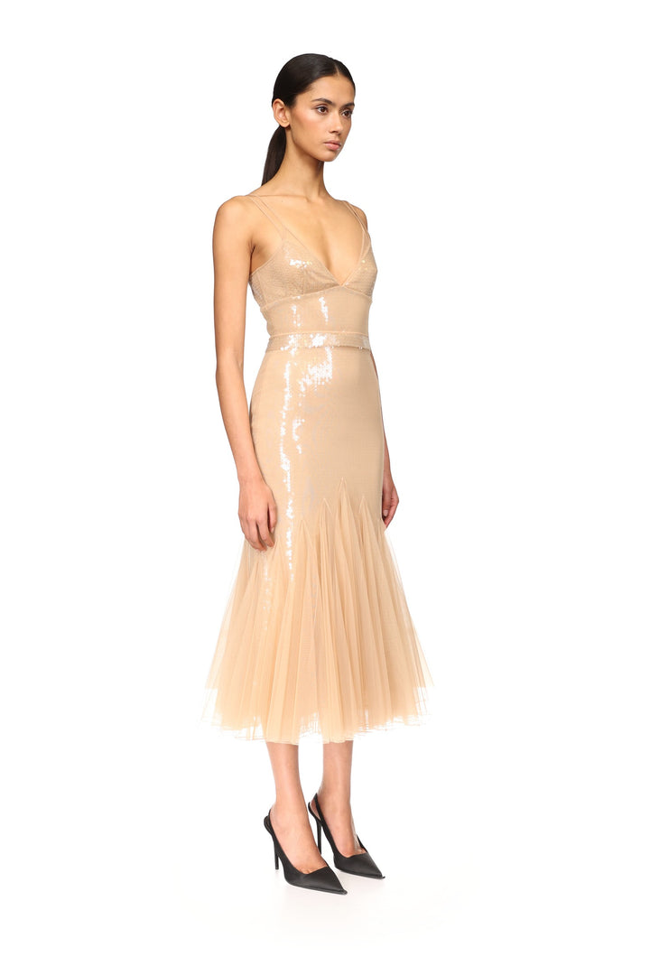 SEQUIN AND TULLE CAMI MIDI DRESS