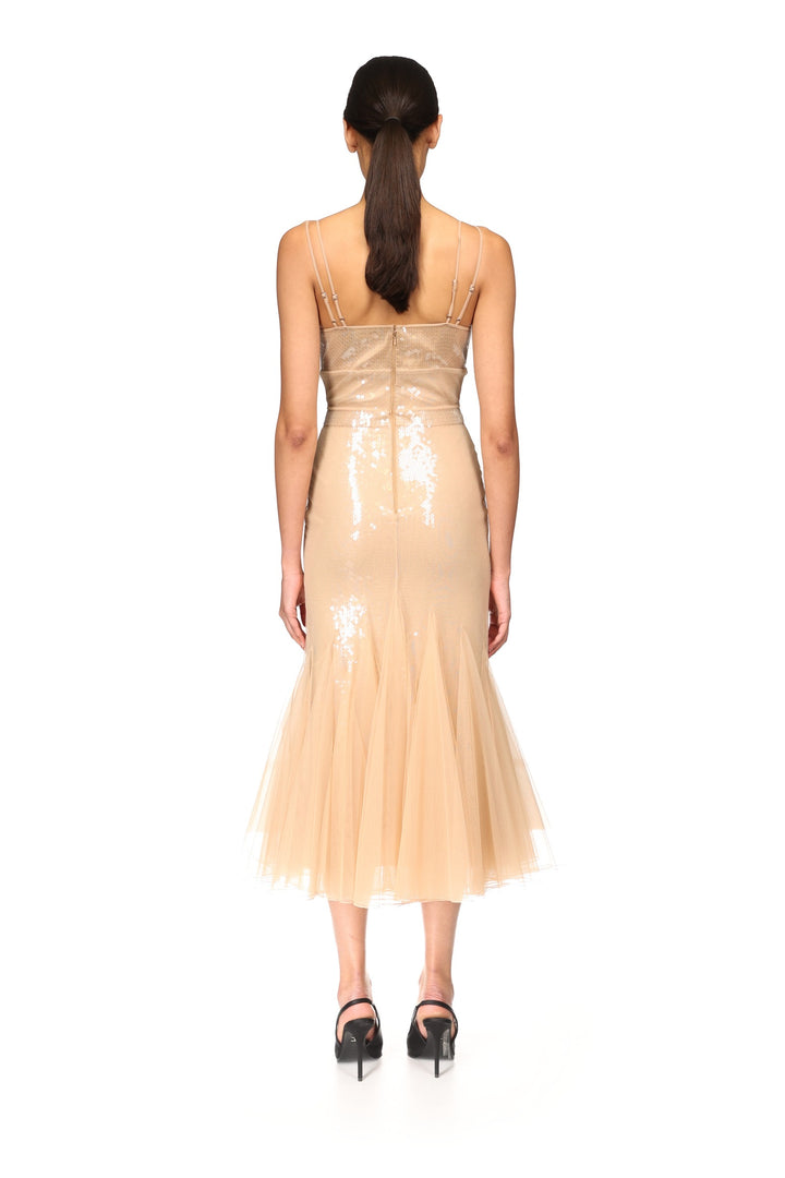 SEQUIN AND TULLE CAMI MIDI DRESS