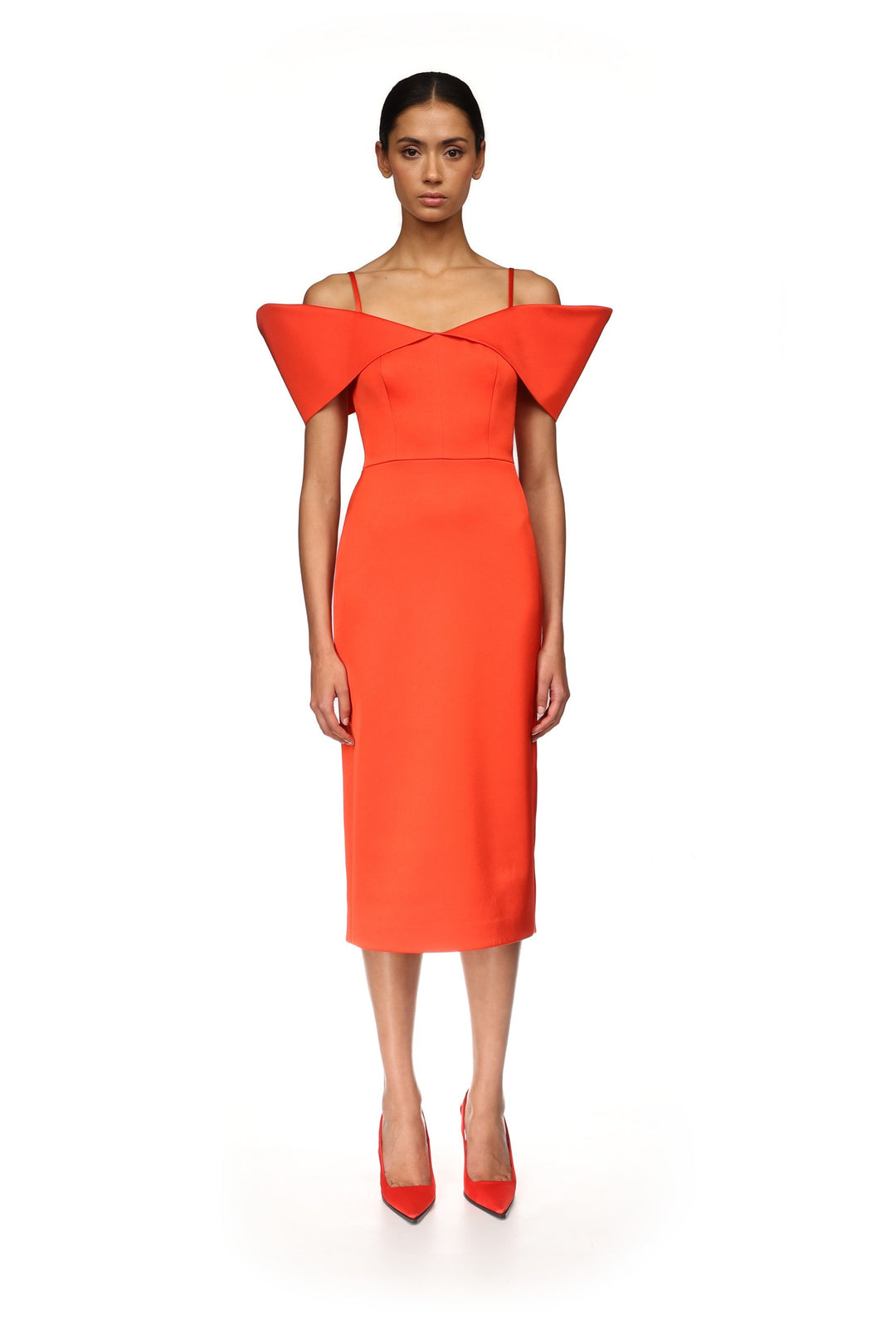 STRUCTURED OPEN SHOULDER MIDI DRESS