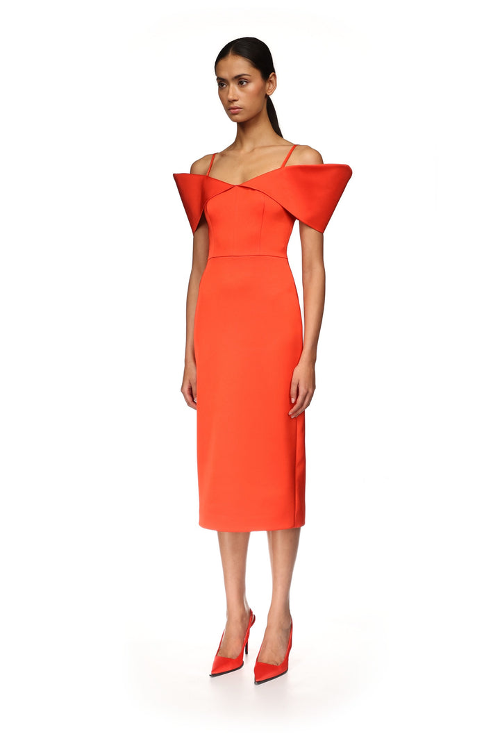 STRUCTURED OPEN SHOULDER MIDI DRESS