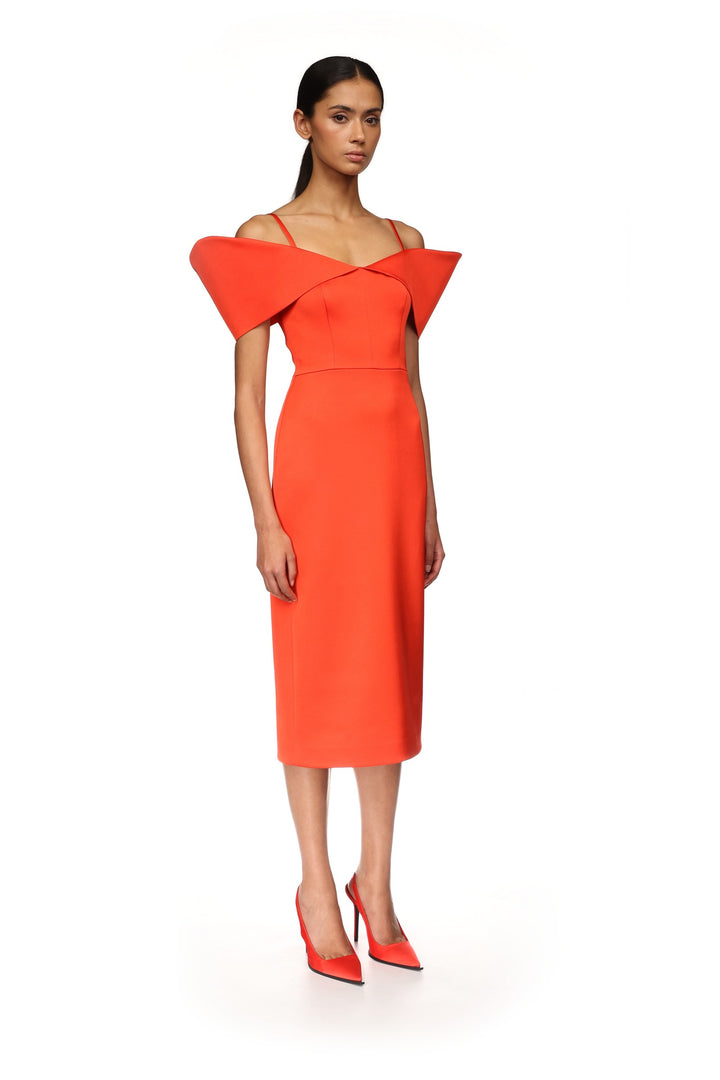 STRUCTURED OPEN SHOULDER MIDI DRESS
