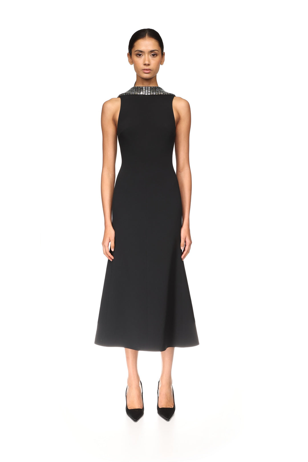 CRYSTAL RHINESTONE BACK DETAIL MIDI DRESS