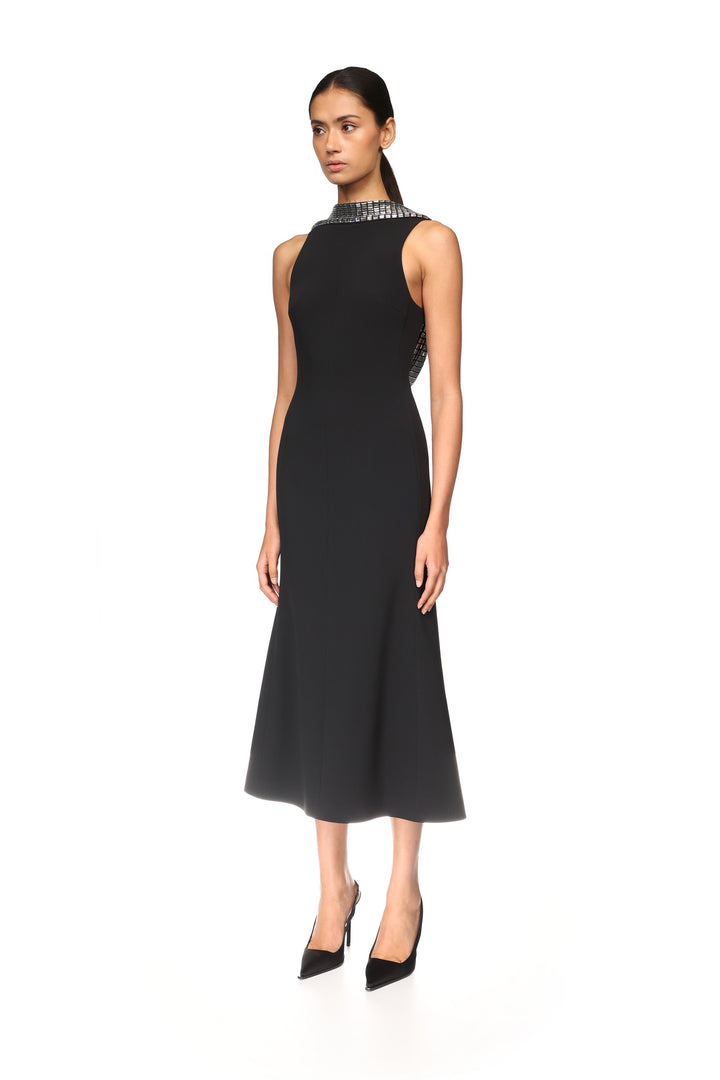 CRYSTAL RHINESTONE BACK DETAIL MIDI DRESS