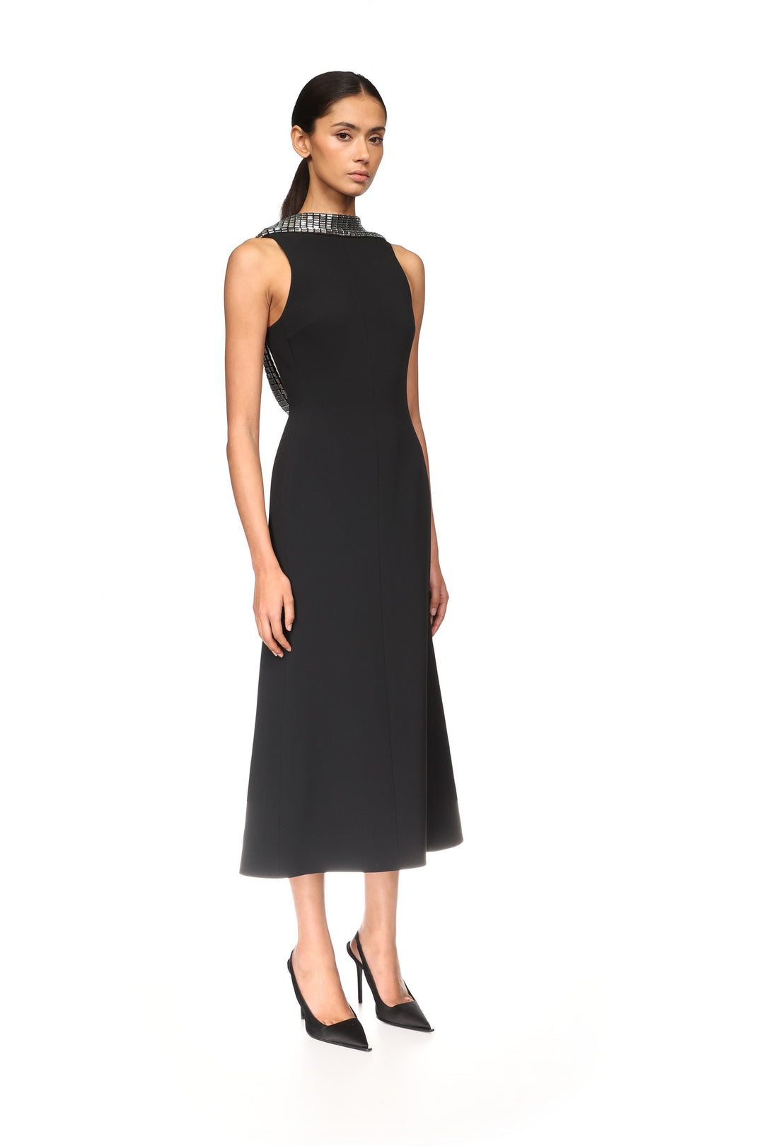 CRYSTAL RHINESTONE BACK DETAIL MIDI DRESS