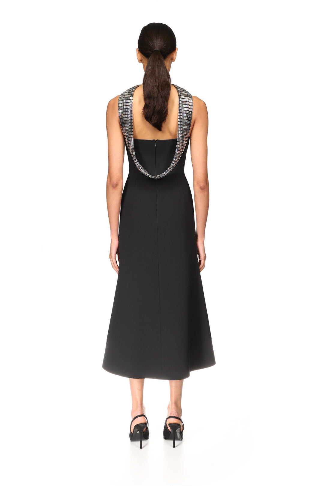 CRYSTAL RHINESTONE BACK DETAIL MIDI DRESS