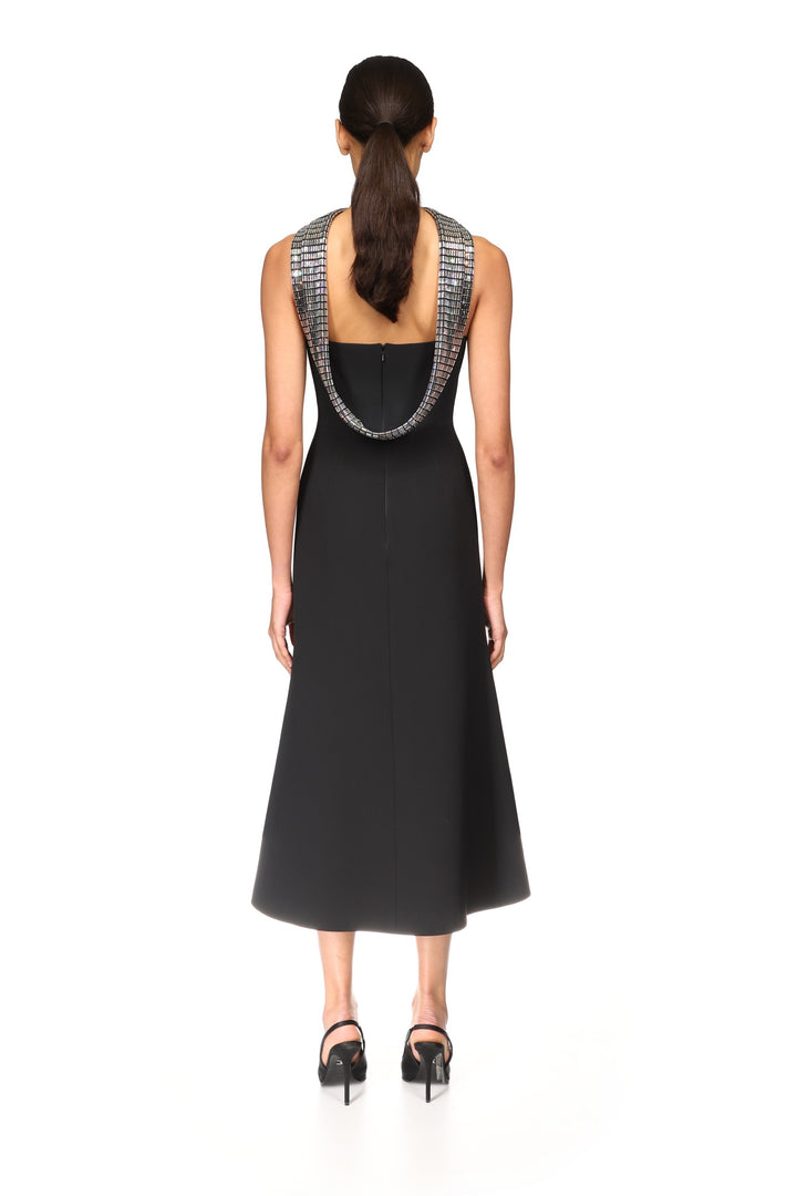 CRYSTAL RHINESTONE BACK DETAIL MIDI DRESS