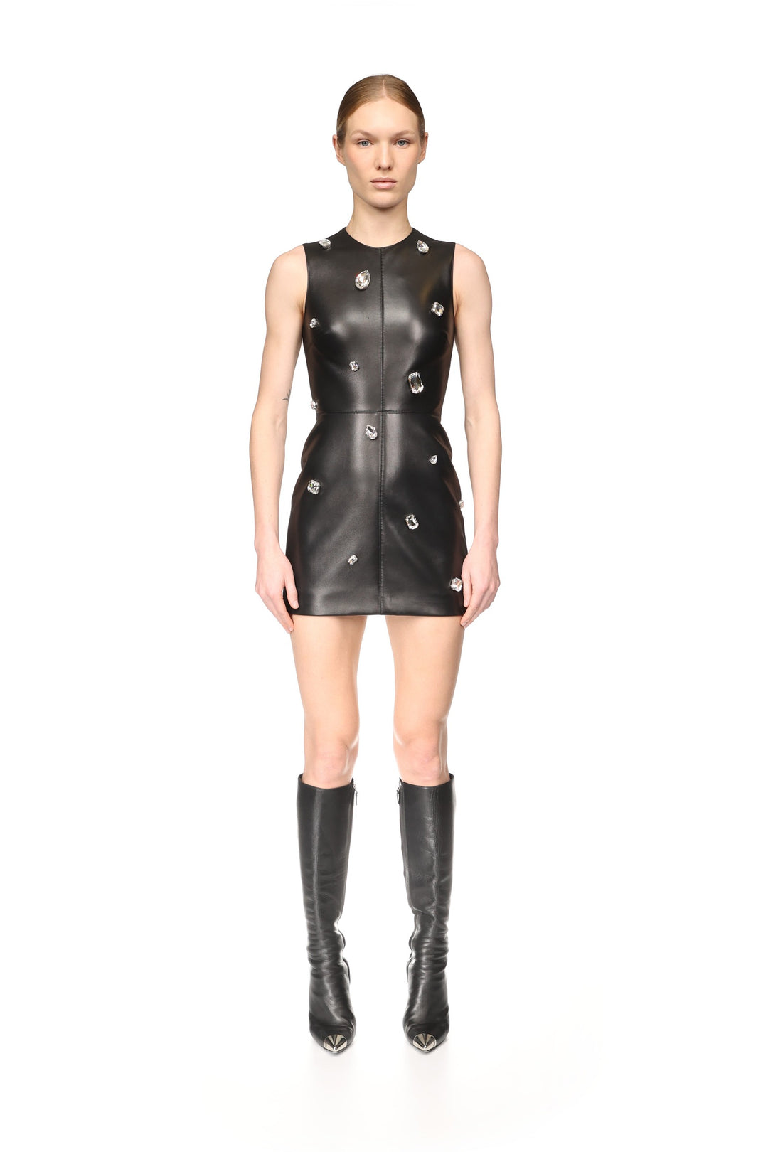 CRYSTAL EMBROIDERED LEATHER MINI DRESS