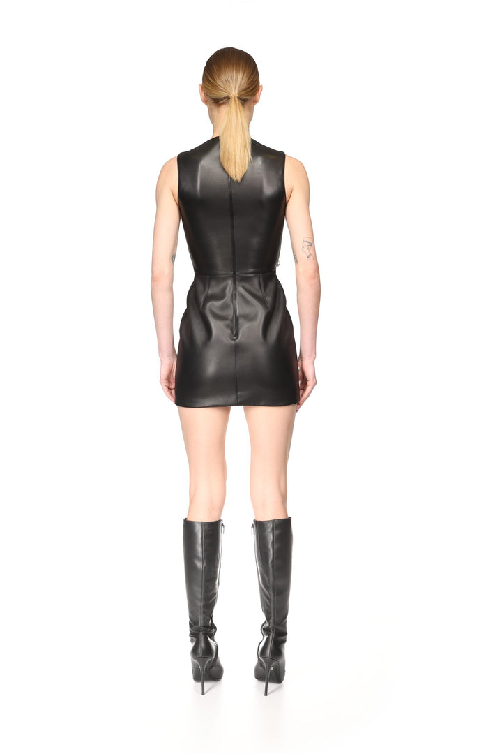 CRYSTAL EMBROIDERED LEATHER MINI DRESS