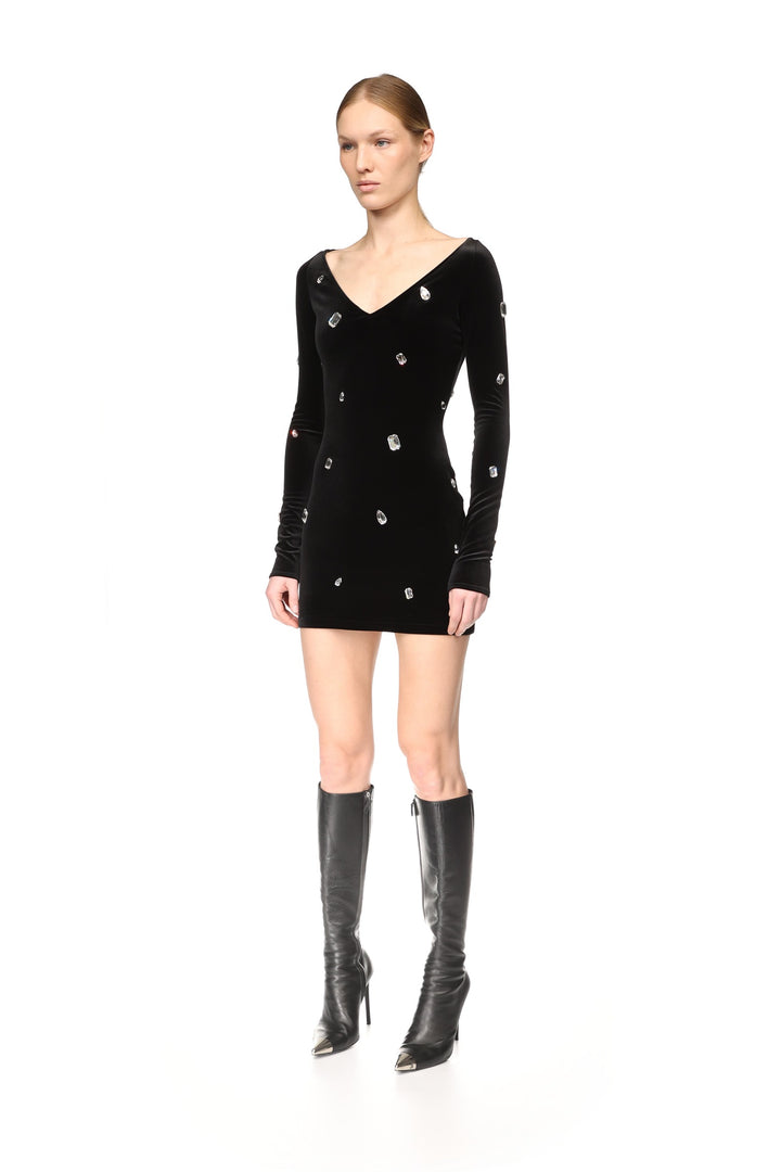 ALLOVER CRYSTAL EMBROIDERED VELVET MINI DRESS