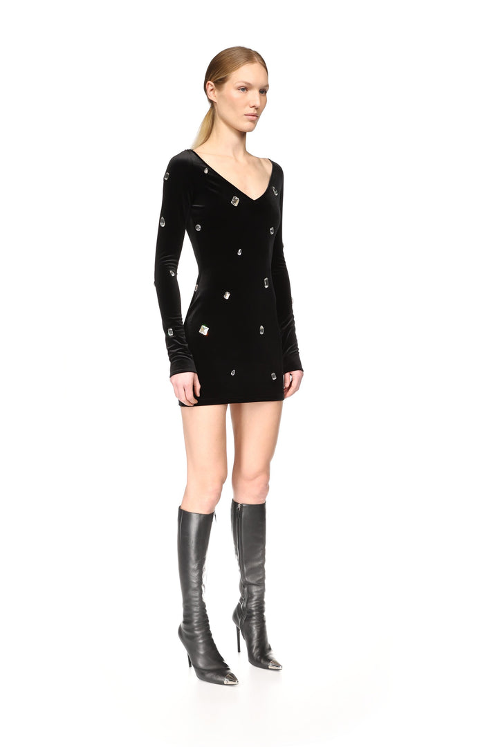 ALLOVER CRYSTAL EMBROIDERED VELVET MINI DRESS
