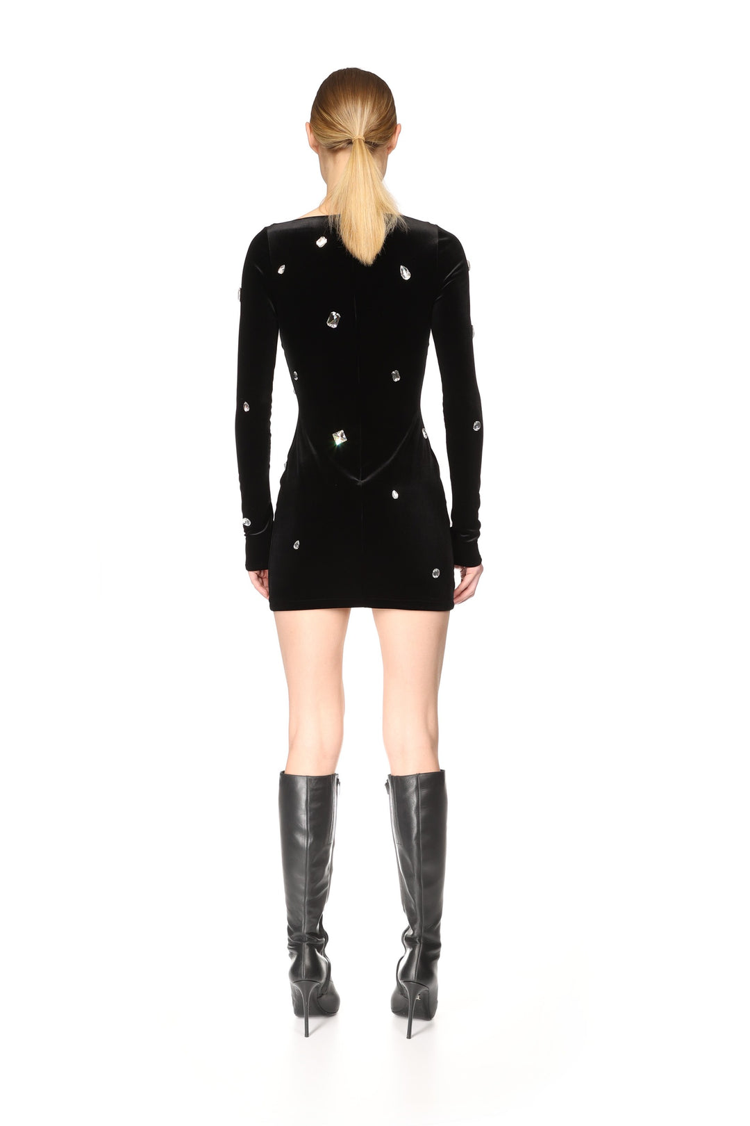 ALLOVER CRYSTAL EMBROIDERED VELVET MINI DRESS