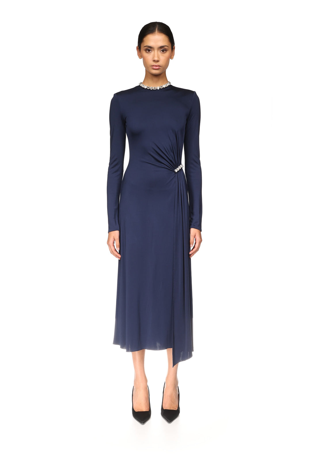 CRYSTAL EMBROIDERY NECK & WAIST DETAIL MIDI DRESS