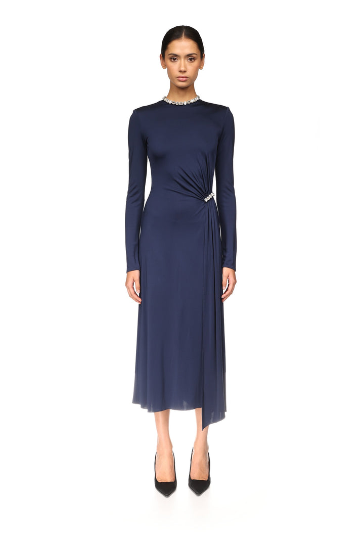 CRYSTAL EMBROIDERY NECK & WAIST DETAIL MIDI DRESS