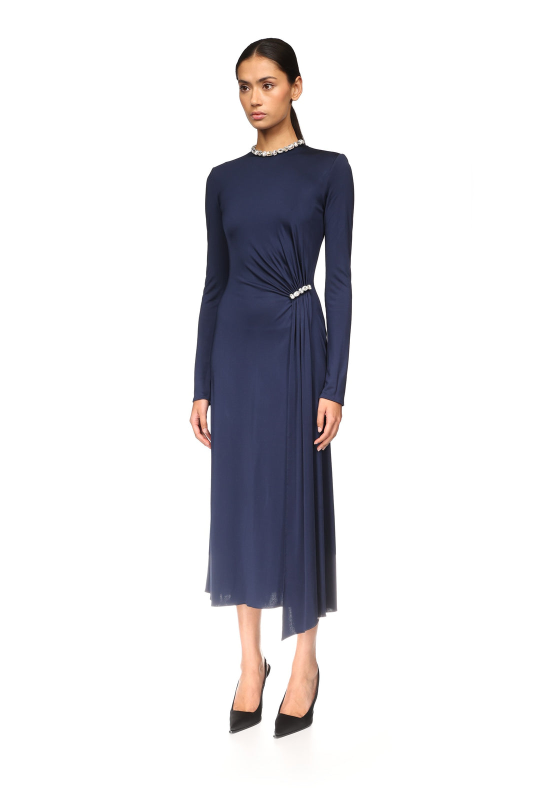 CRYSTAL EMBROIDERY NECK & WAIST DETAIL MIDI DRESS