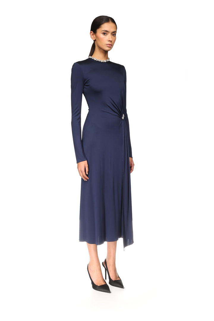 CRYSTAL EMBROIDERY NECK & WAIST DETAIL MIDI DRESS