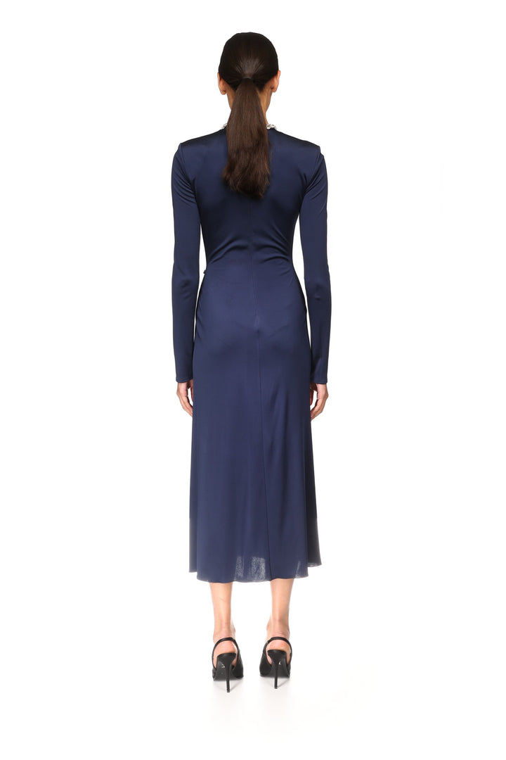 CRYSTAL EMBROIDERY NECK & WAIST DETAIL MIDI DRESS