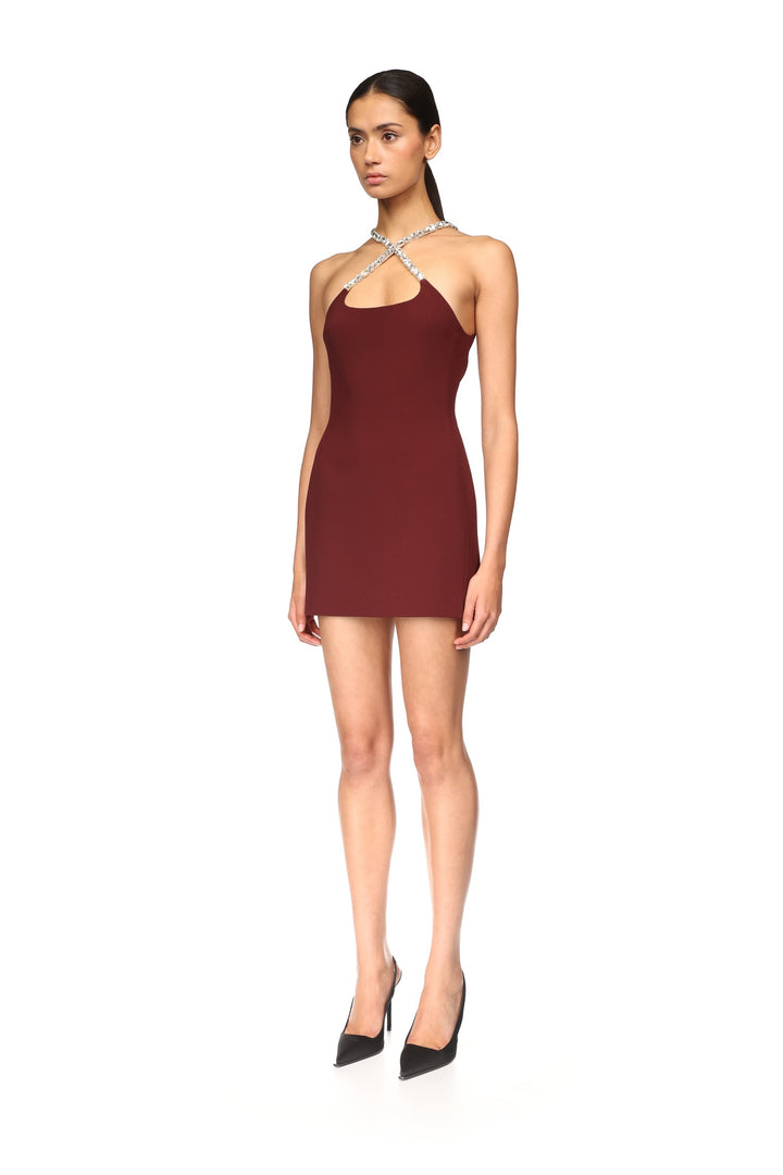 CRYSTAL EMBROIDERED CROSS STRAP MINI DRESS