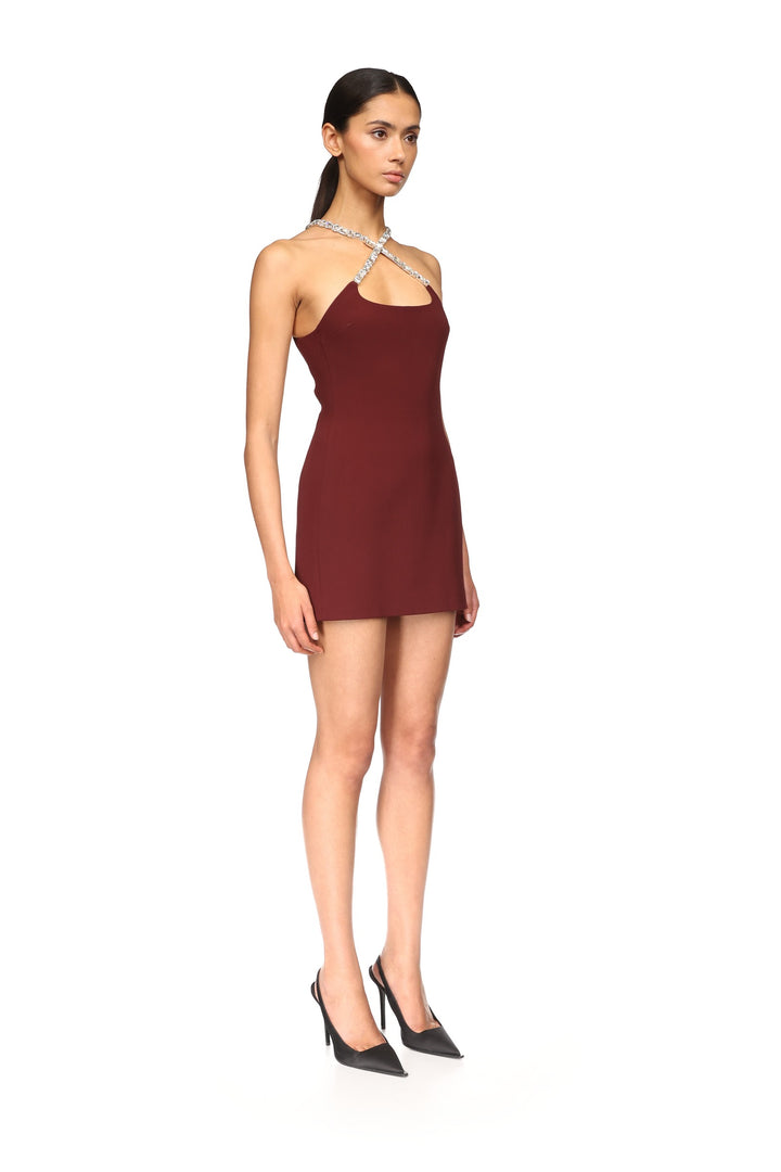 CRYSTAL EMBROIDERED CROSS STRAP MINI DRESS