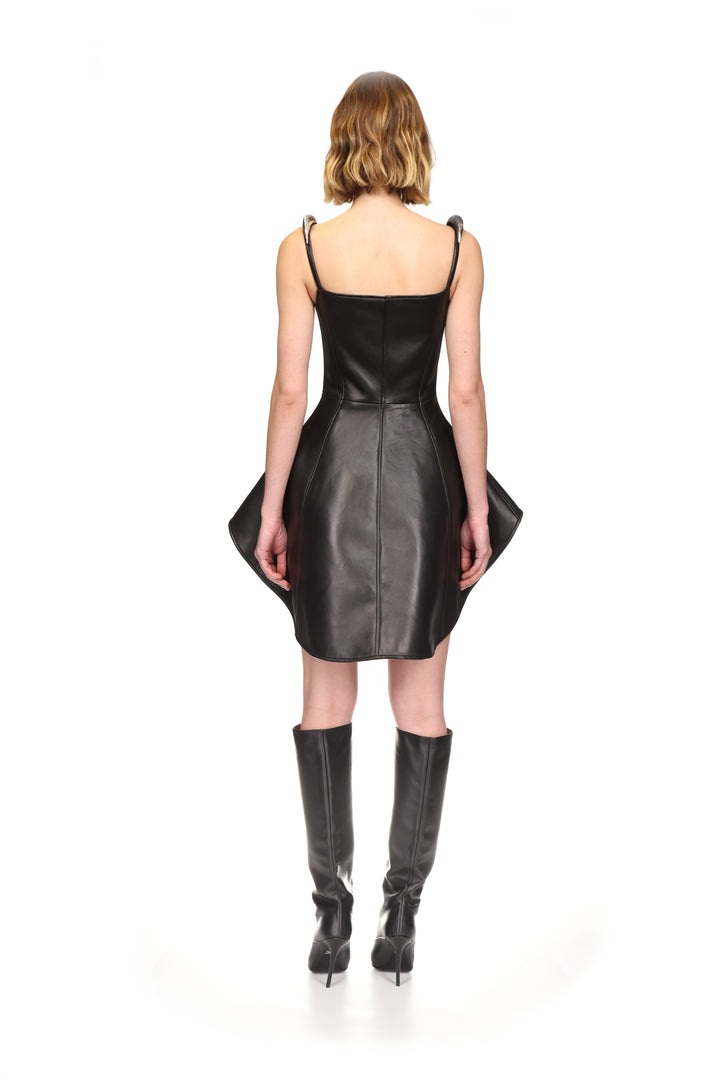 METALLIC CURVE EMB STRAP FLOUNCE HEM LEATHER DRESS