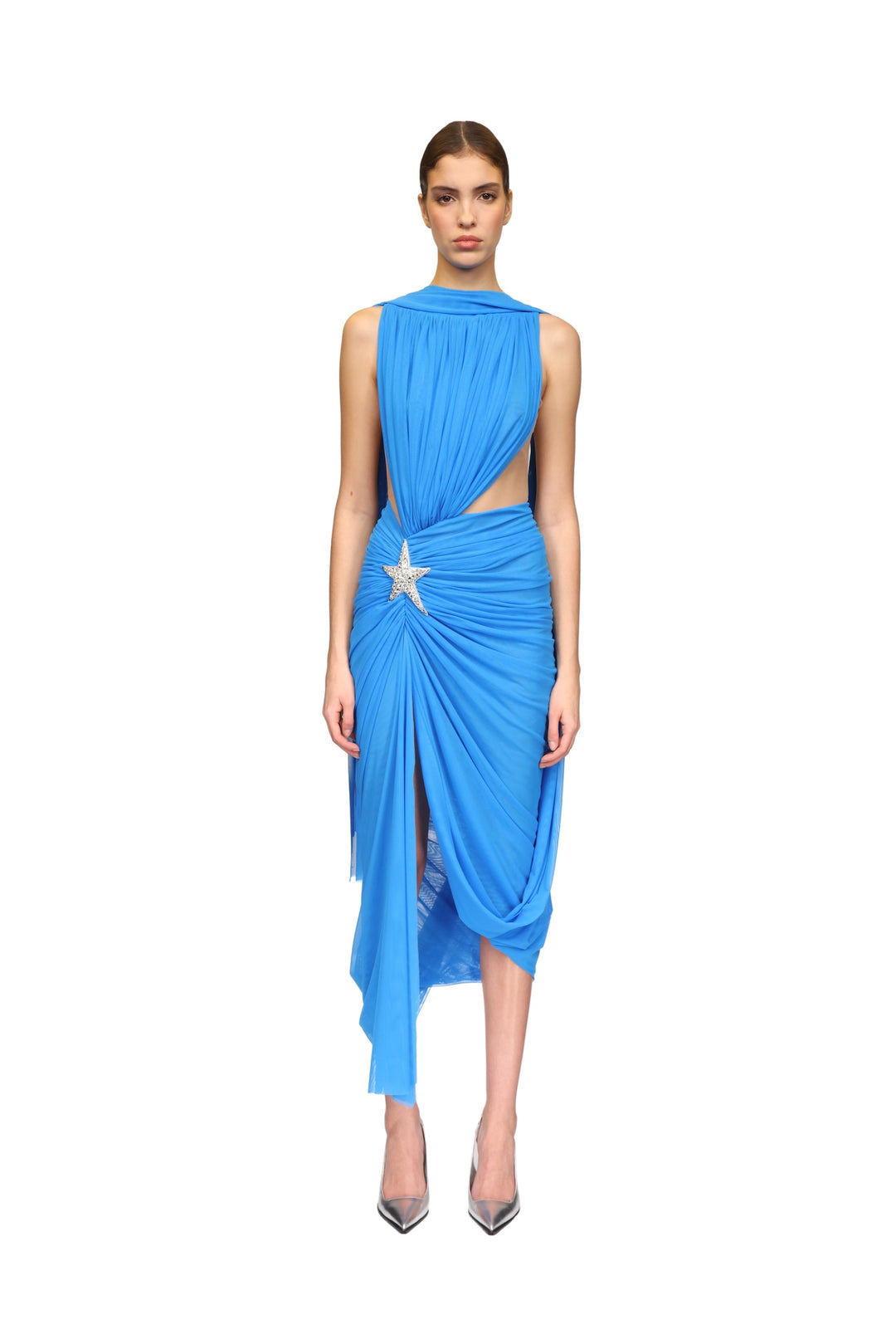 CRYSTAL STAR & CUTOUT DRAPED MIDI DRESS