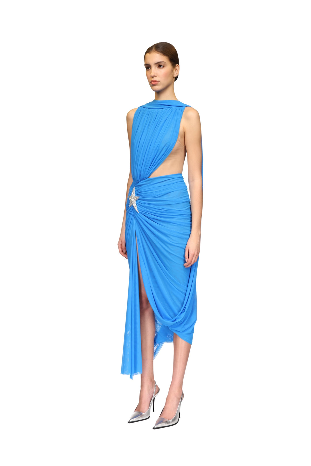 CRYSTAL STAR & CUTOUT DRAPED MIDI DRESS