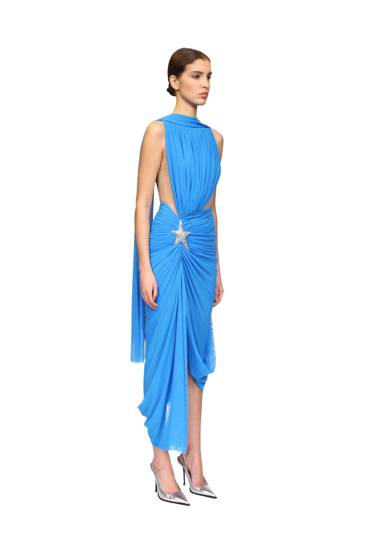 CRYSTAL STAR & CUTOUT DRAPED MIDI DRESS