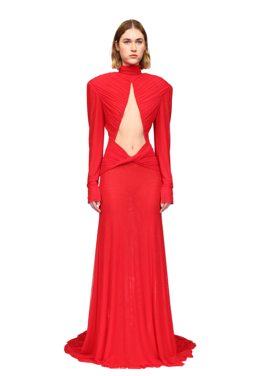 David Koma CUTOUT DETAIL LONG SLEEVE MESH GOWN RED / 10
