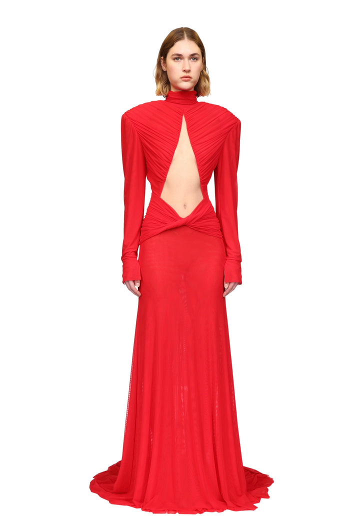 CUTOUT DETAIL LONG SLEEVE MESH GOWN