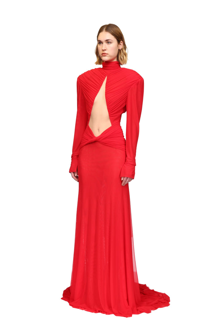 CUTOUT DETAIL LONG SLEEVE MESH GOWN