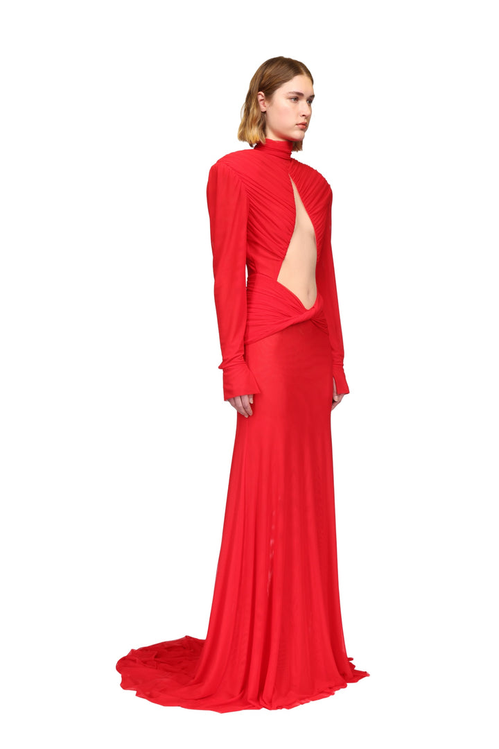 CUTOUT DETAIL LONG SLEEVE MESH GOWN