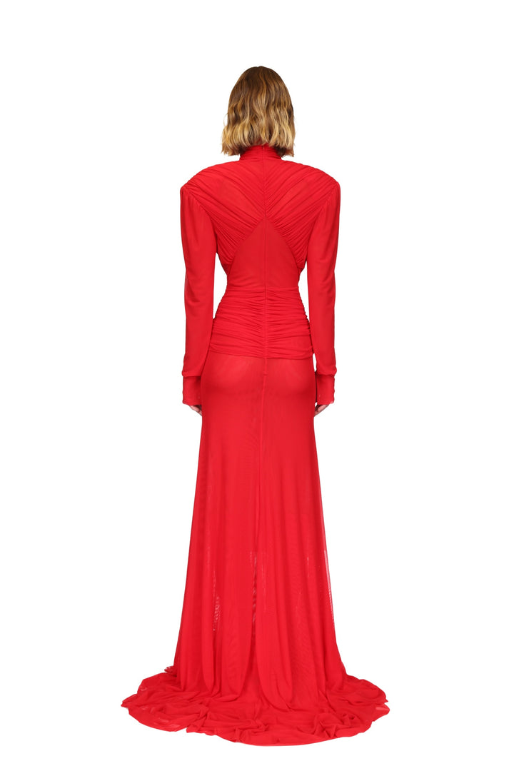 CUTOUT DETAIL LONG SLEEVE MESH GOWN