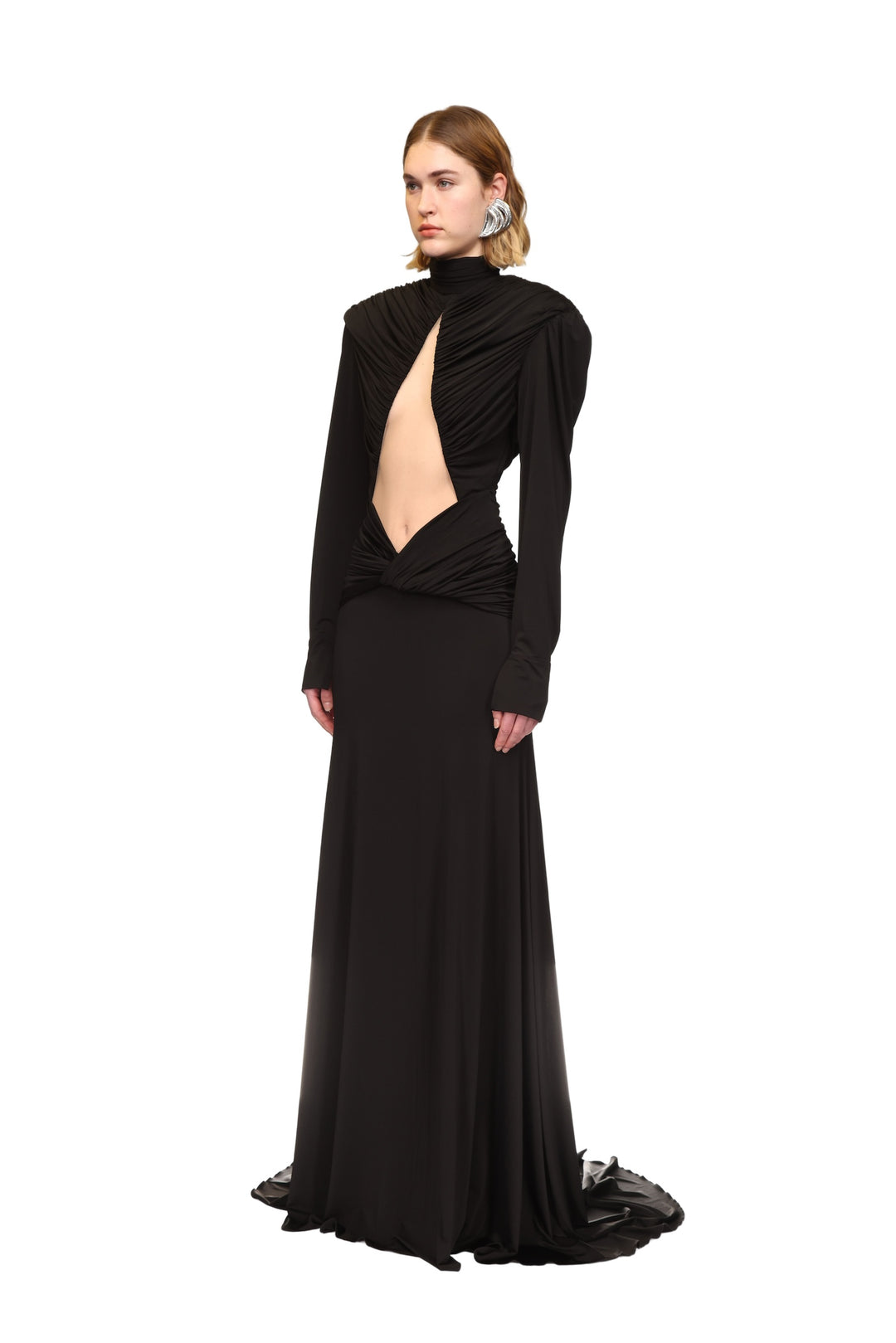 CUTOUT DETAIL LONG SLEEVE GOWN IN BLACK