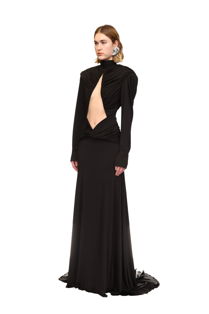CUTOUT DETAIL LONG SLEEVE GOWN IN BLACK