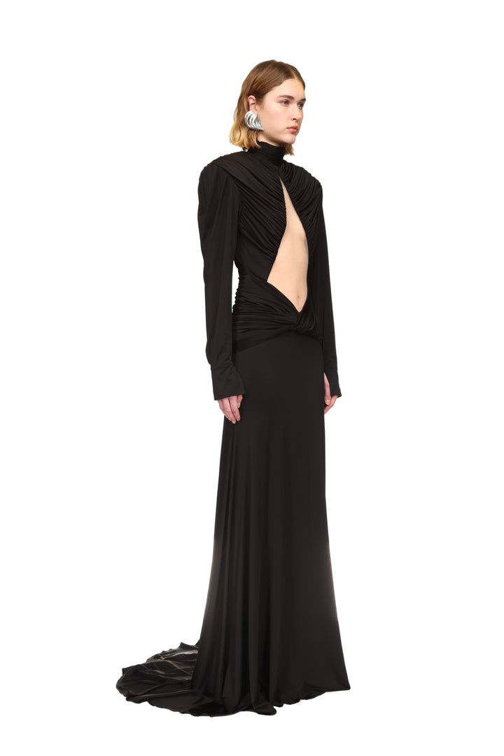 CUTOUT DETAIL LONG SLEEVE GOWN IN BLACK