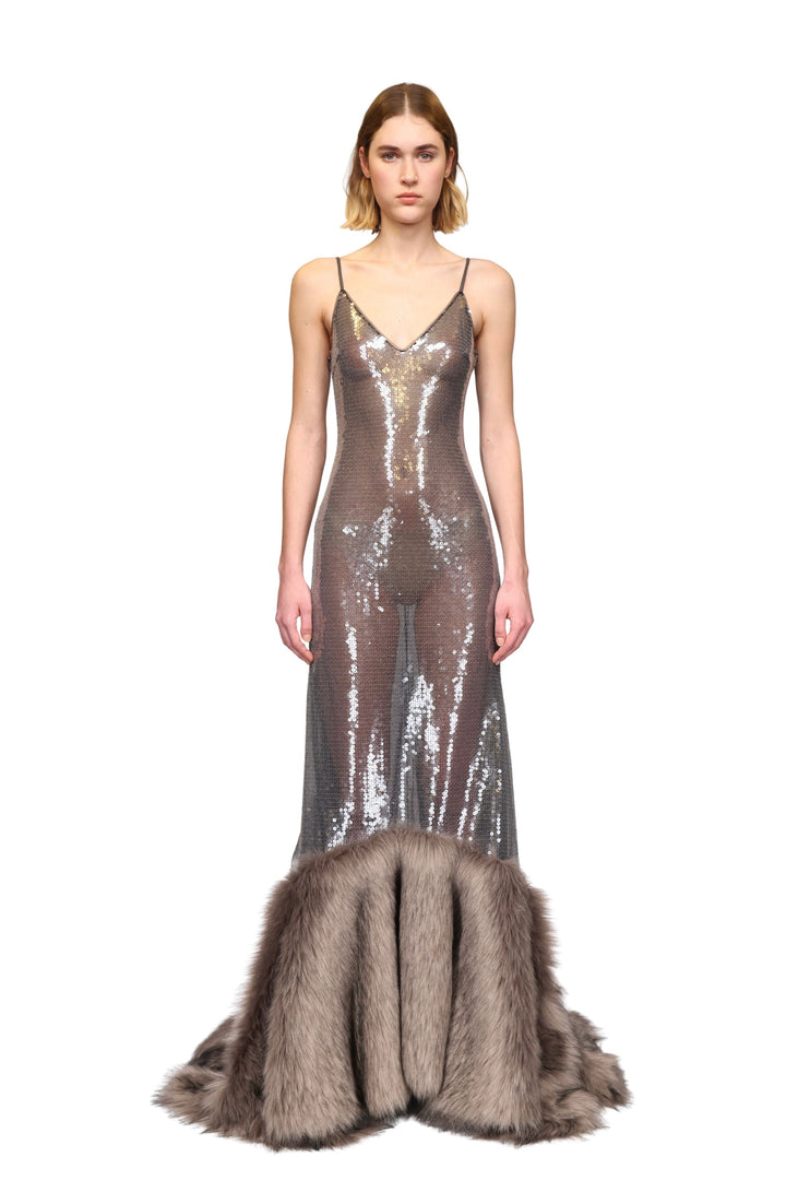 SEQUIN GOWN WITH FAUX FUR HEM