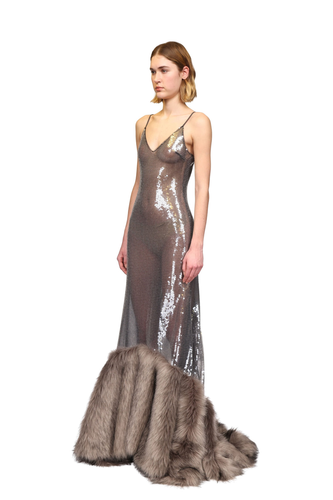 SEQUIN GOWN WITH FAUX FUR HEM