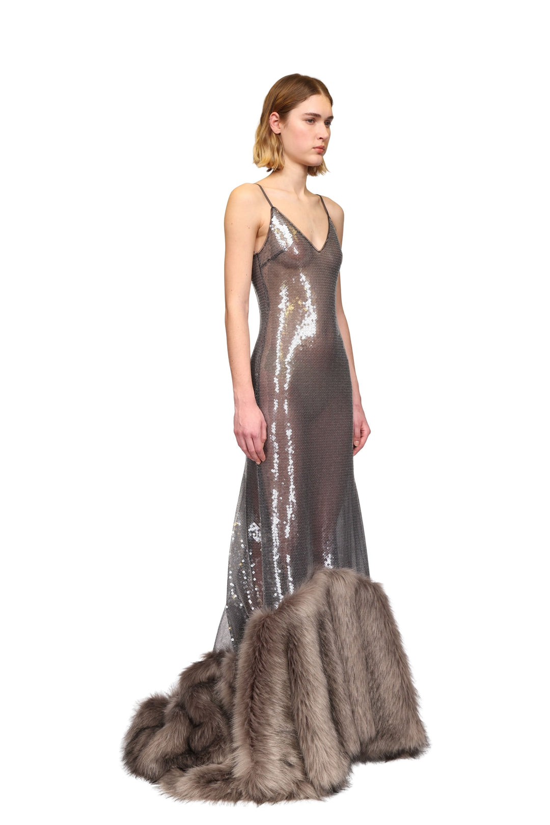 SEQUIN GOWN WITH FAUX FUR HEM