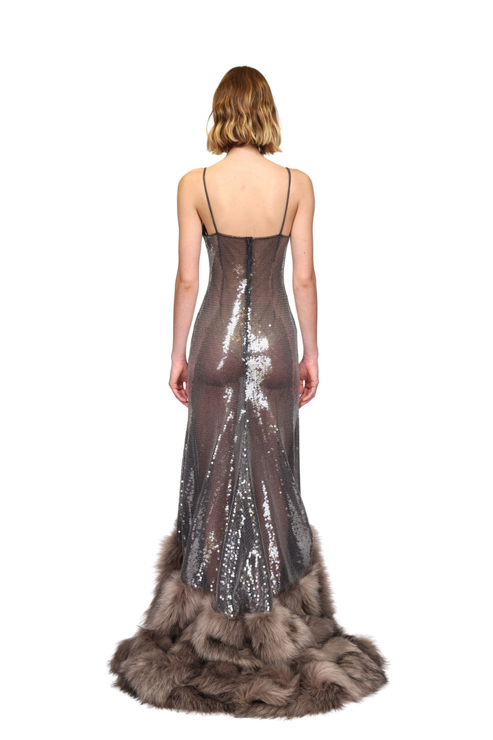 SEQUIN GOWN WITH FAUX FUR HEM