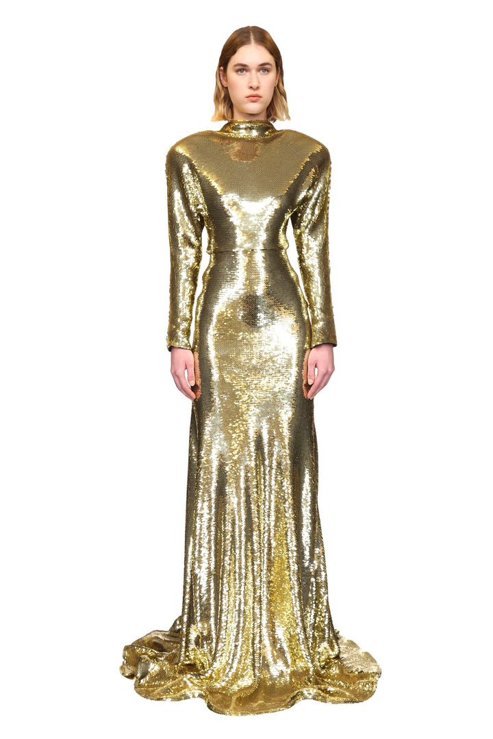DRAPED OPEN BACK LONG SLEEVE SEQUIN GOWN