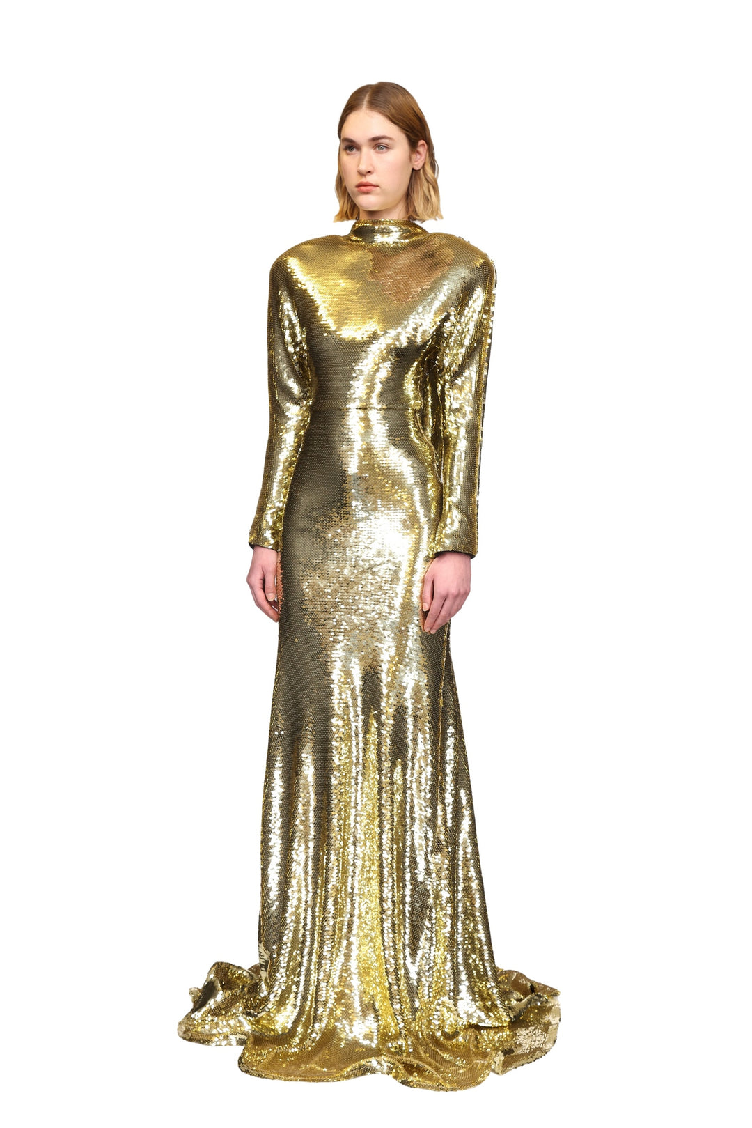 DRAPED OPEN BACK LONG SLEEVE SEQUIN GOWN
