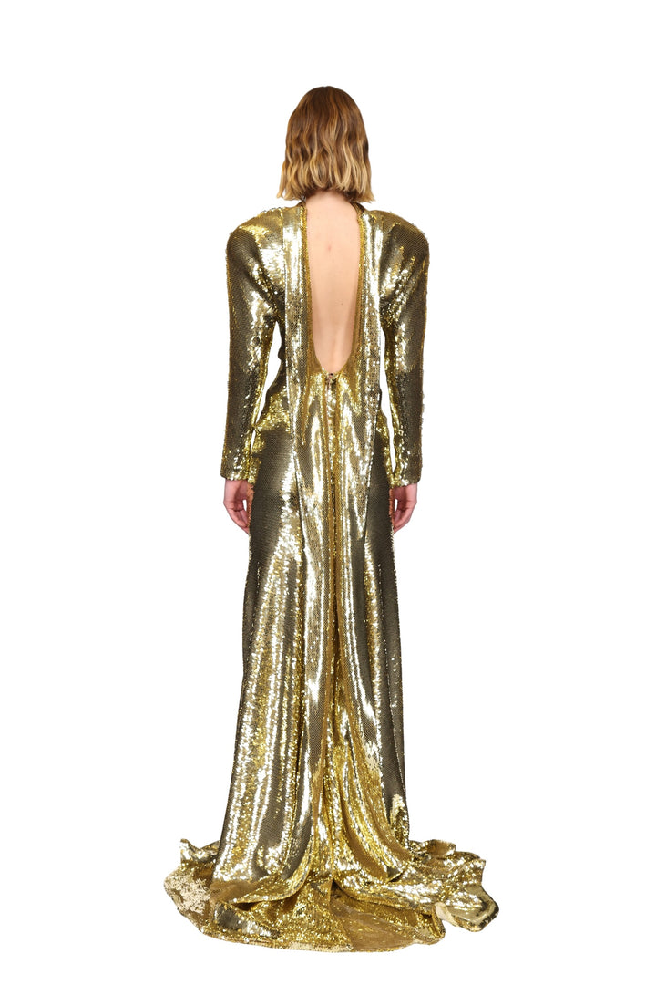 DRAPED OPEN BACK LONG SLEEVE SEQUIN GOWN