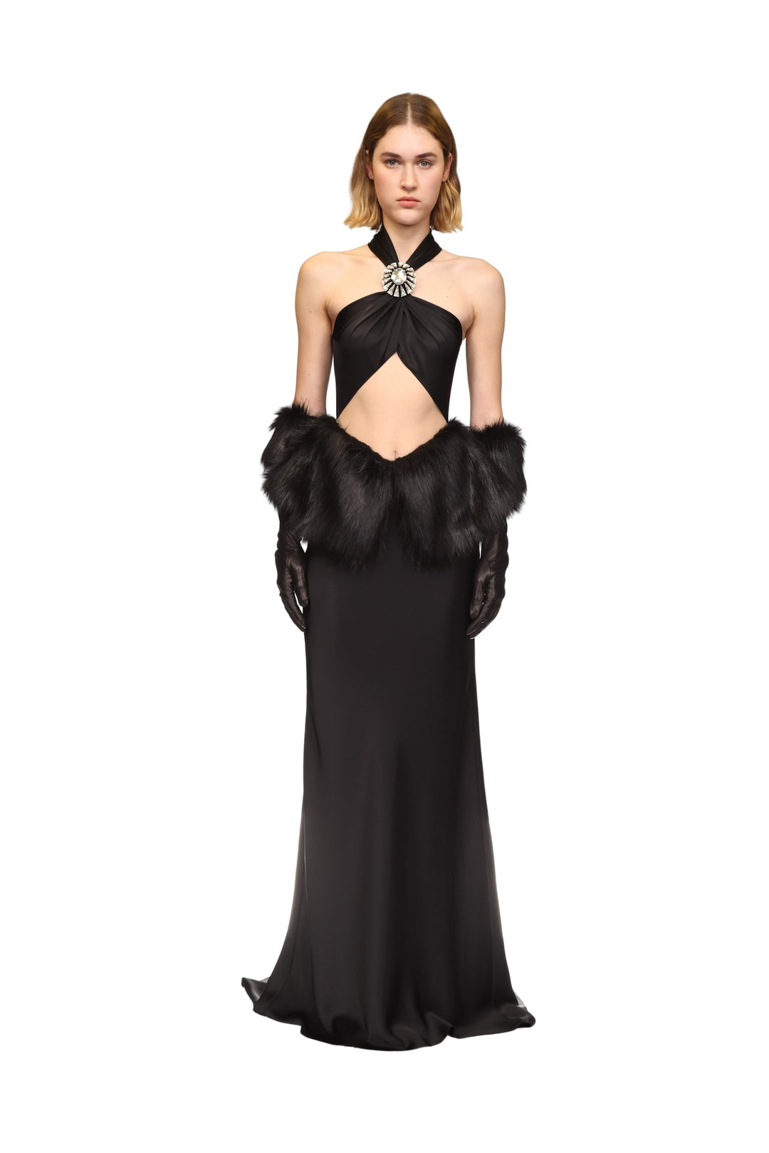 FAUX FUR PEPLUM TRIM GOWN
