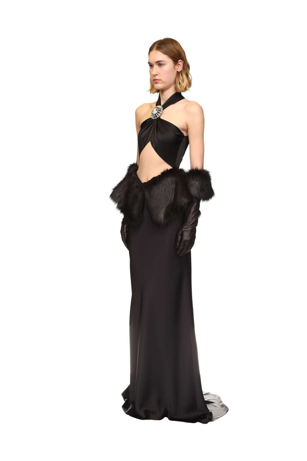 FAUX FUR PEPLUM TRIM GOWN
