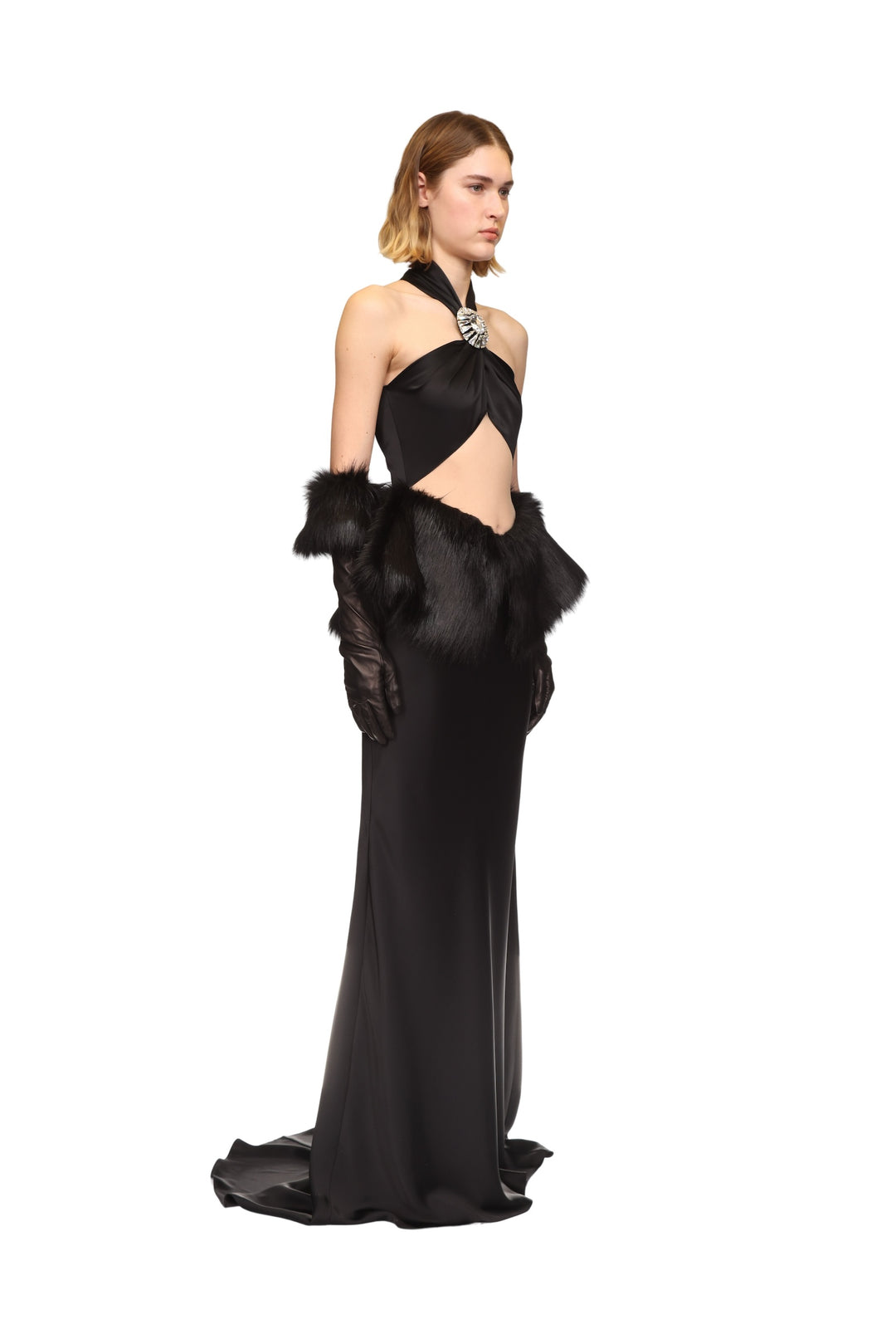 FAUX FUR PEPLUM TRIM GOWN