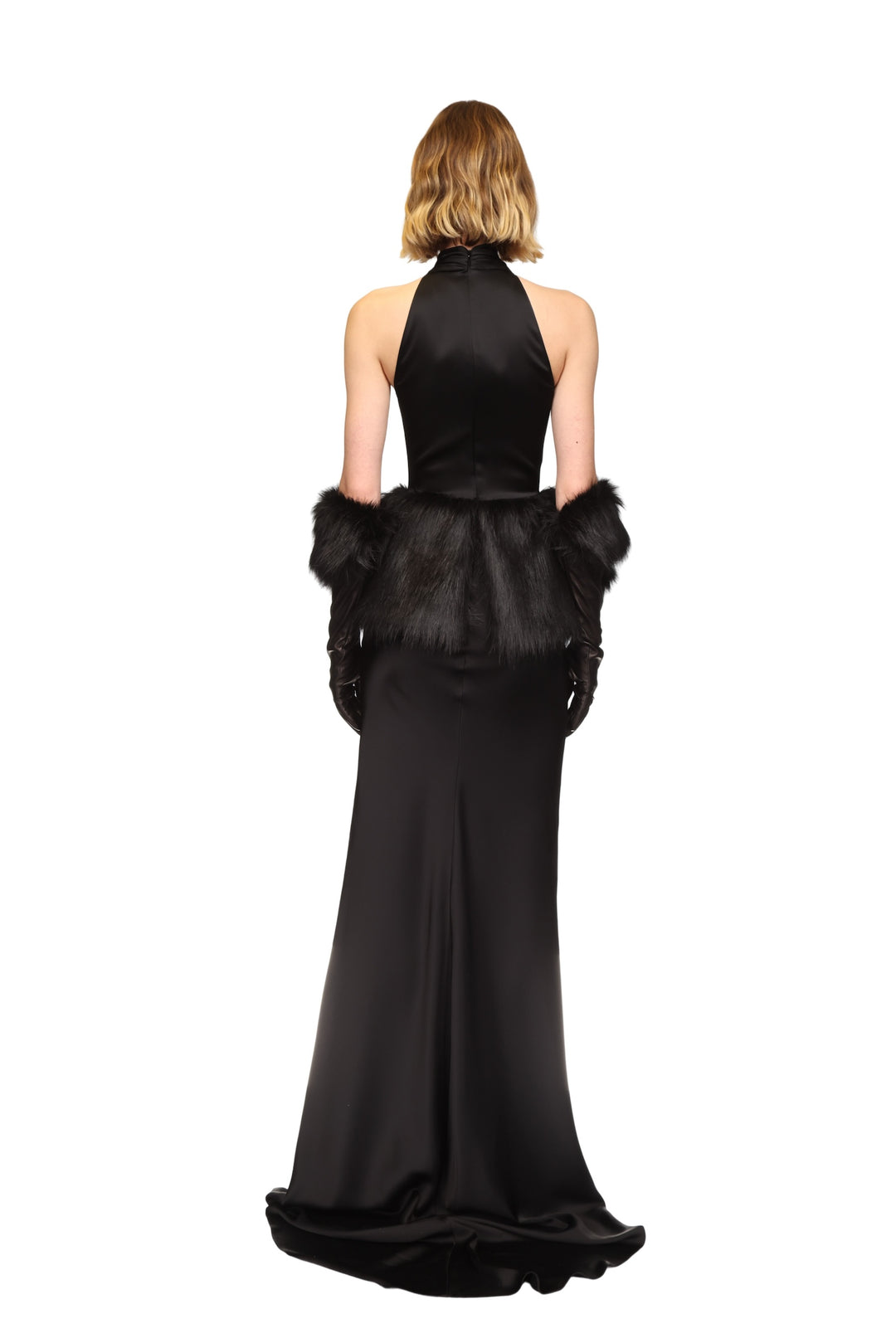 FAUX FUR PEPLUM TRIM GOWN